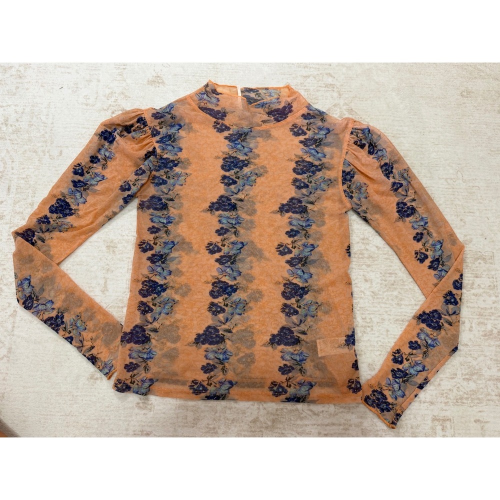 Free People Mesh Long Sleeve Top Peach Orange Blue Floral Mock Neck Puff Sleeve